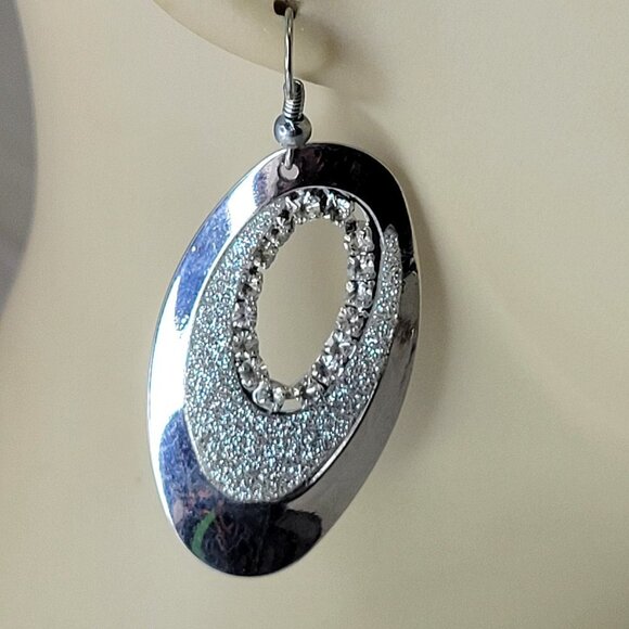 Silver Tone Drop Oval Earrings - Picture 2 of 12